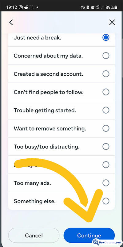 10. Select one reason for deactivating your Instagram account from the list of available reasons. Next, click Continue. - Why Can’t I Deactivate My Instagram